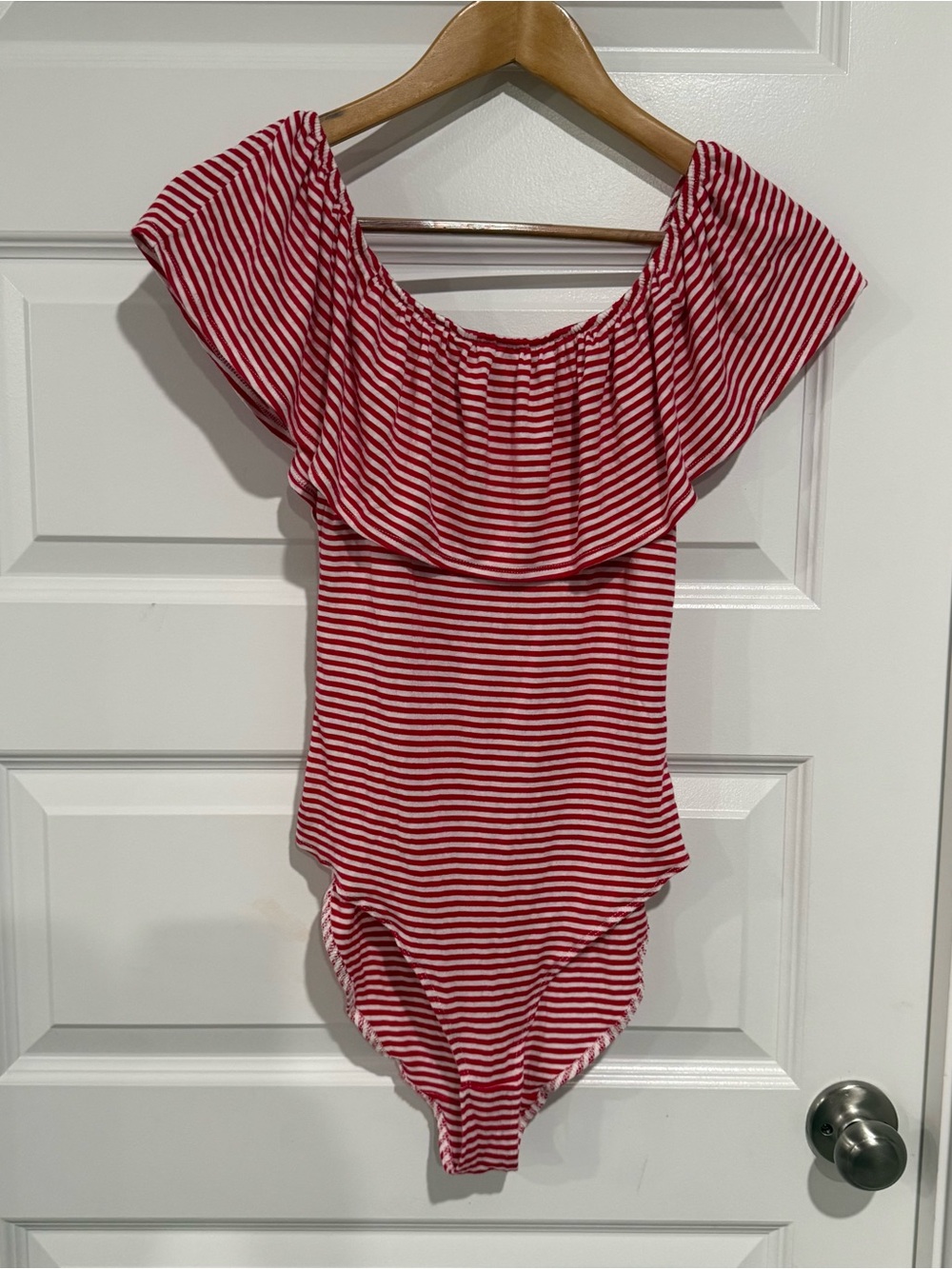 Miss Chevious Red White Striped Off Shoulder Ruffle Bodysuit Medium